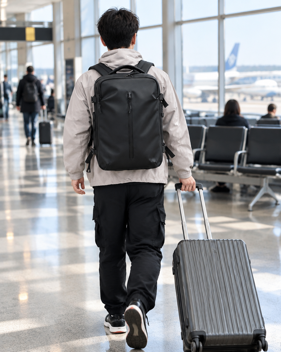 Osoba niosąca plecak BagaZero AIR na lotnisku